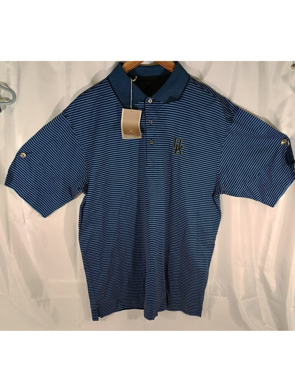 UK Universary of KENTUCKY Dark Blue Striped POLO Cutter & Buck Short Sleeve Sz L